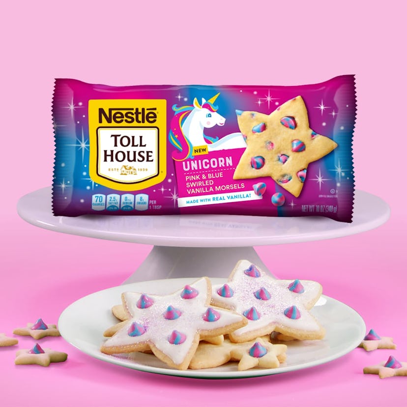 Nestle's New Unicorn Morsels in the packaging and served on a white plate