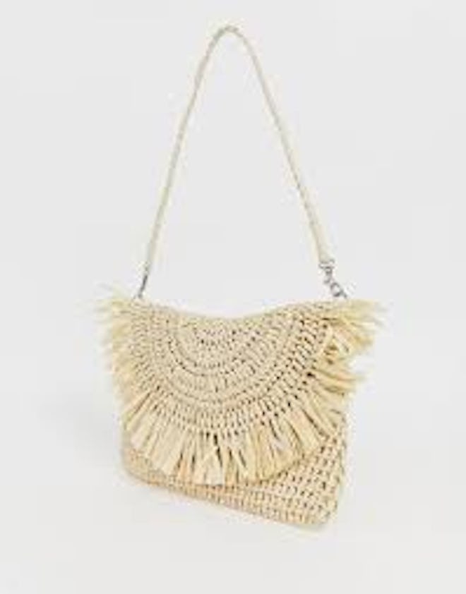 Frayed edge natural straw clutch bag with detachable shoulder strap