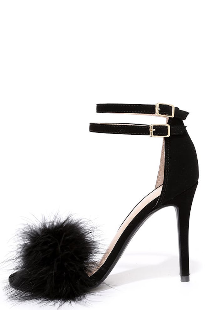 Black Feather Ankle Strap Heels 