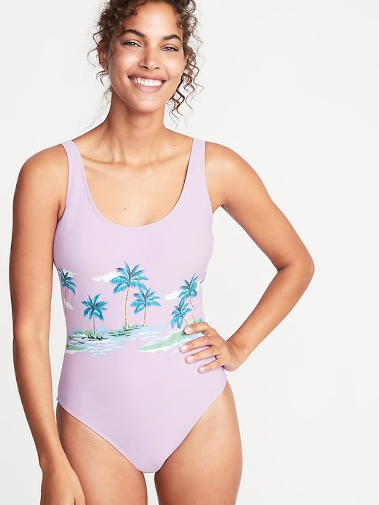Lilac/Palm Trees Graphic Scoop-Back Swimsuit for Women