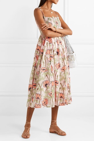 Smocked Floral-Print Cotton-Voile Midi Dress