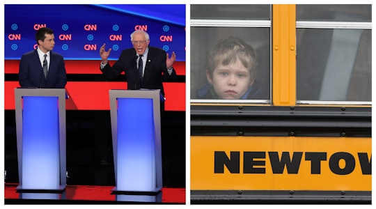 Collage of two candidates arguing about gun violence, and a little boy sitting in a yellow school bu...