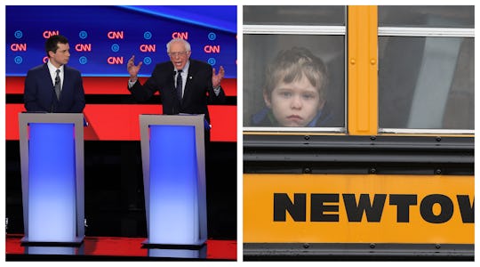 Collage of two candidates arguing about gun violence, and a little boy sitting in a yellow school bu...