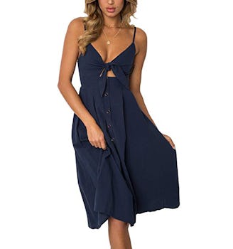 ECOWISH Womens Dresses Summer Tie Front V-Neck Spaghetti Strap Button Down A-Line Backless Swing Mid...