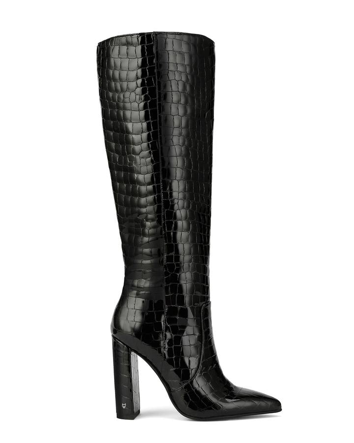 black patent croc knee high boots
