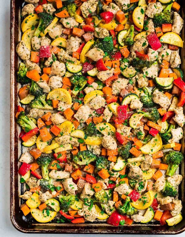 Sheet pan chicken with rainbow vegetables