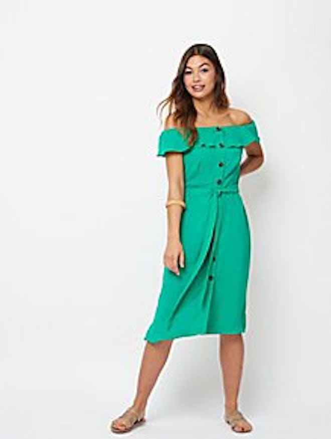 Green Button Down Bardot Midi Dress