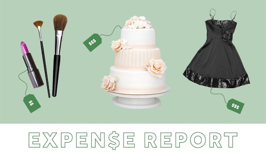 Expense report logo beneath beauty products, a cake and a dress with a price tag on them