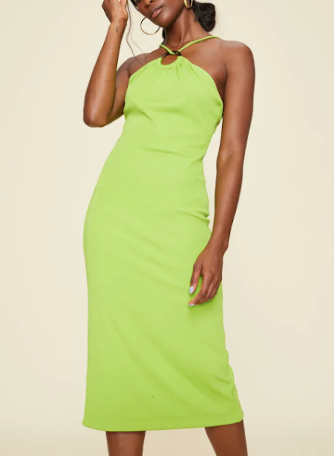 kendall lime green dress Kendall Jenner Inspired Lime Green Ruched Tulip Sleeve Fit and Flared Midi Dress - Greens Medium Green - Cotton Blend