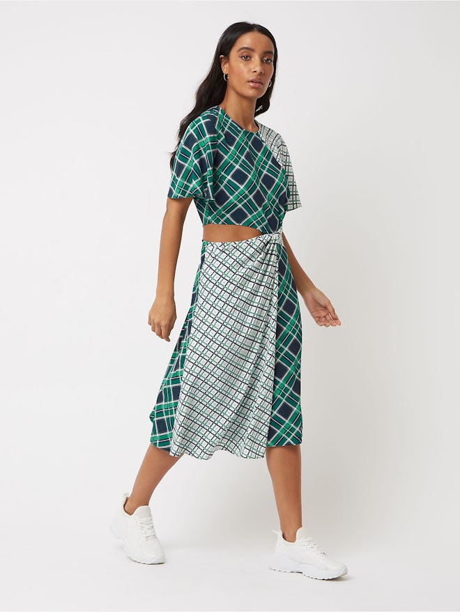 Green Check Cut Out Waist Midi Dress