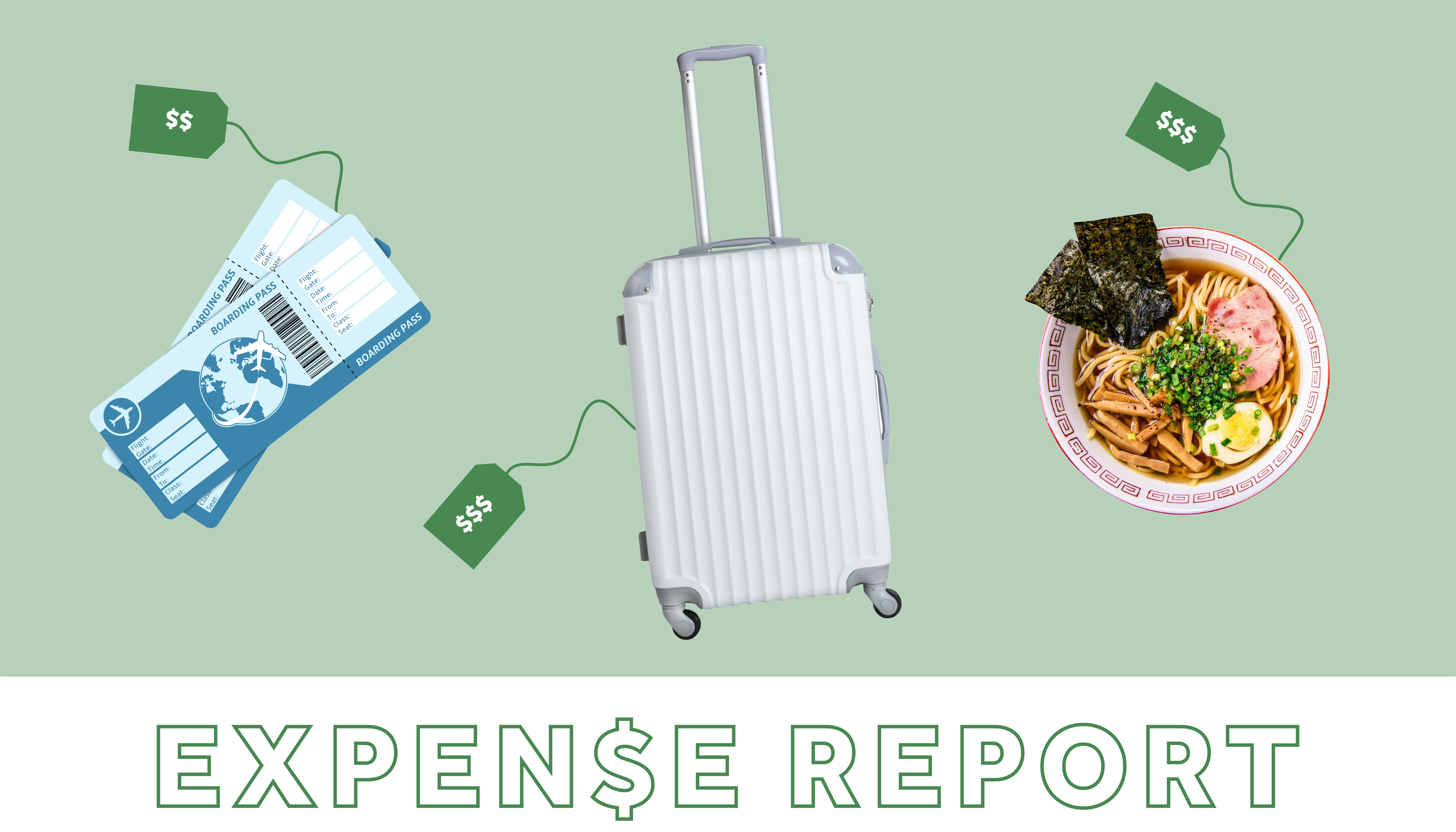 Illustration of airplane tickets, a white suitcase, a meal plate, and "expense report" text