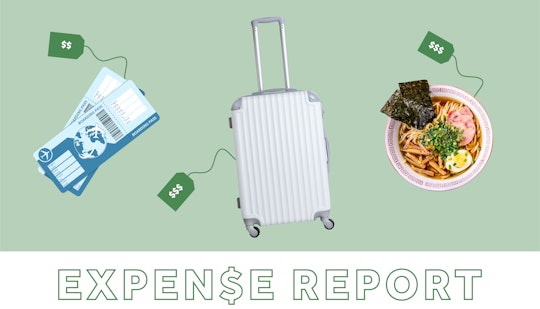Illustration of airplane tickets, a white suitcase, a meal plate, and "expense report" text