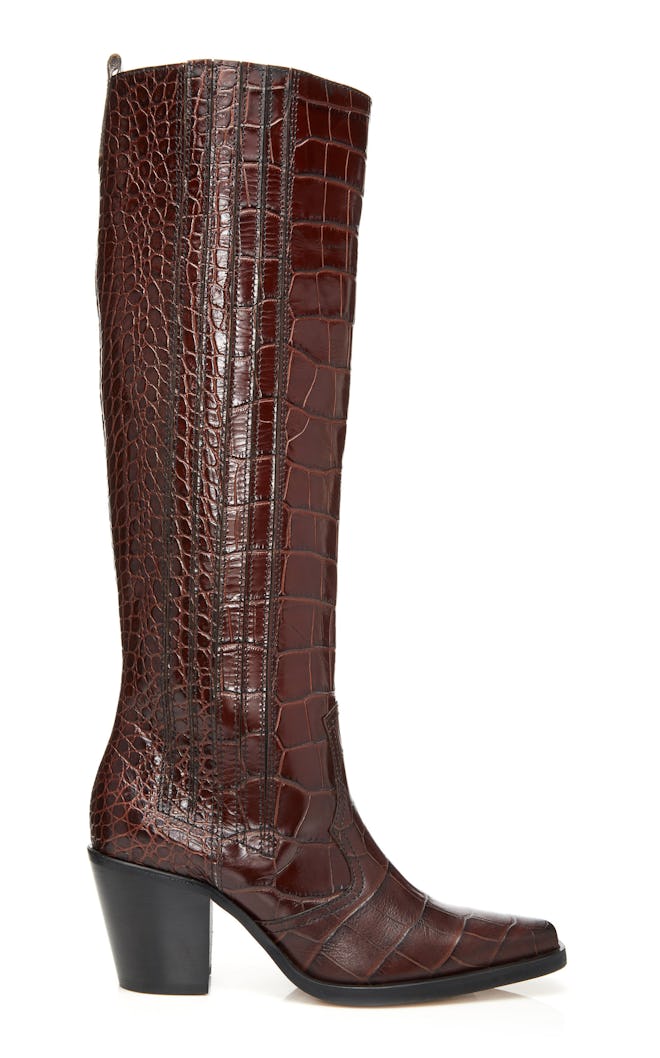Croc-Effect Leather Knee Boots