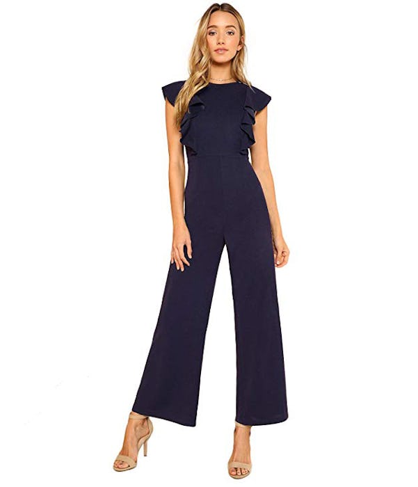 Romwe Women's Sleeveless Ruffle Wide Leg Jumpsuit