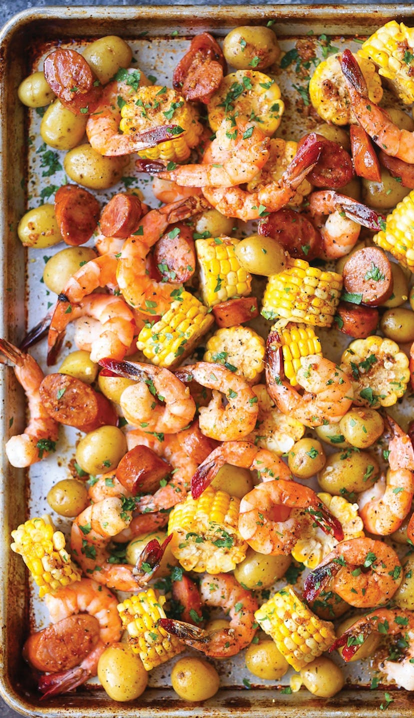 image of gluten-free sheet pan recipe showing shrimp, corn, sausage and potatoes