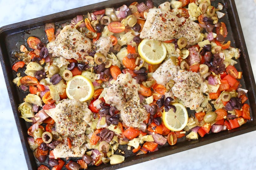 gluten-free sheet pan recipe with chicken olives and peppers 