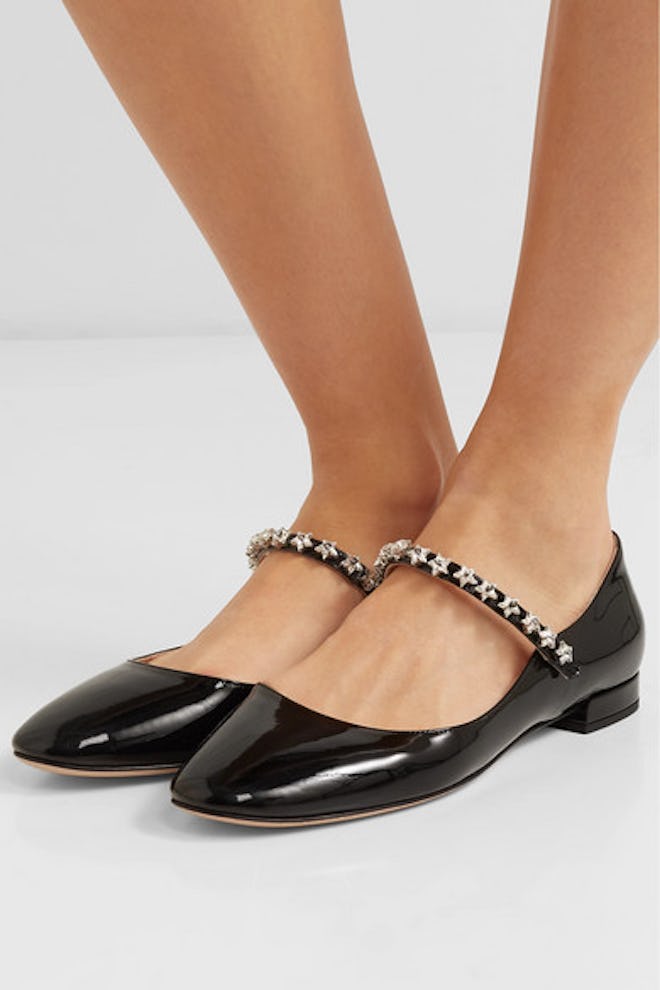 Crystal-Embellished Patent-Leather Mary Jane Ballet Flats