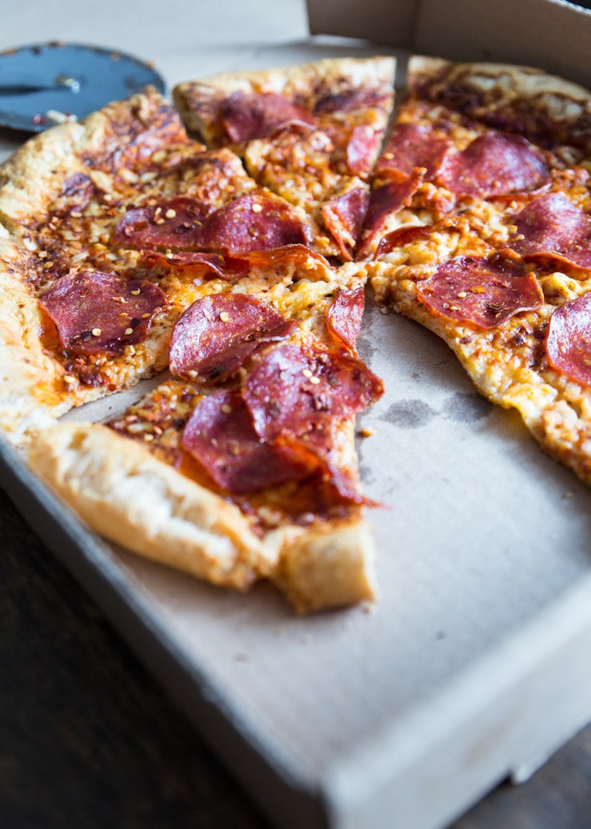 image of gluten-free sheet pan recipe, paleo pizza with gluten-free crust and pepperoni