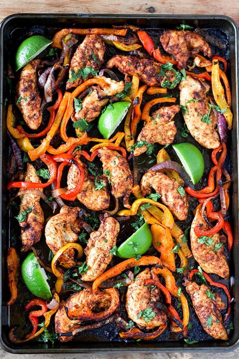 image of gluten-free sheet pan recipe with chicken, peppers and limes, roasted together