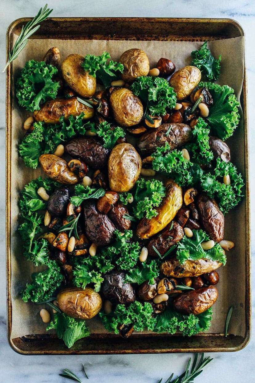 image of gluten-free sheet pan recipe with potatoes, mushrooms, white beans, and kale