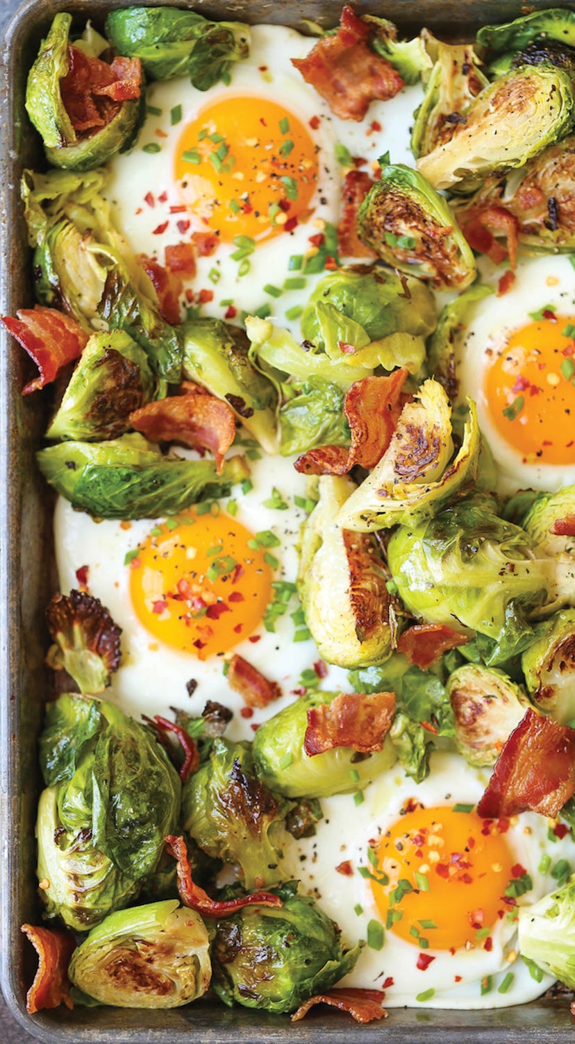 image of gluten free sheet pan breakfast, eggs, bacon and brussel sprouts