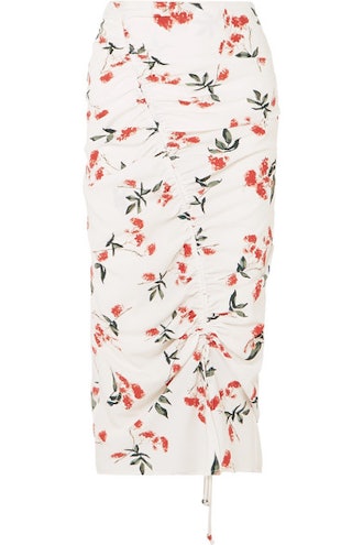 Sisilia Ruched Floral-Print Crepe De Chine Midi Skirt
