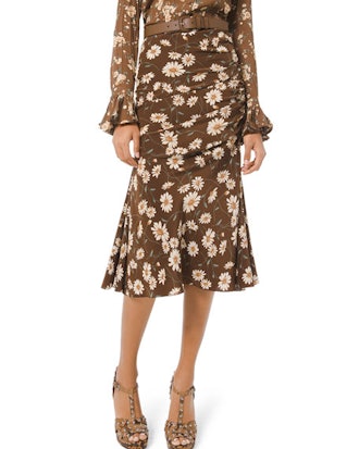 Floral-Print Ruched Silk Skirt