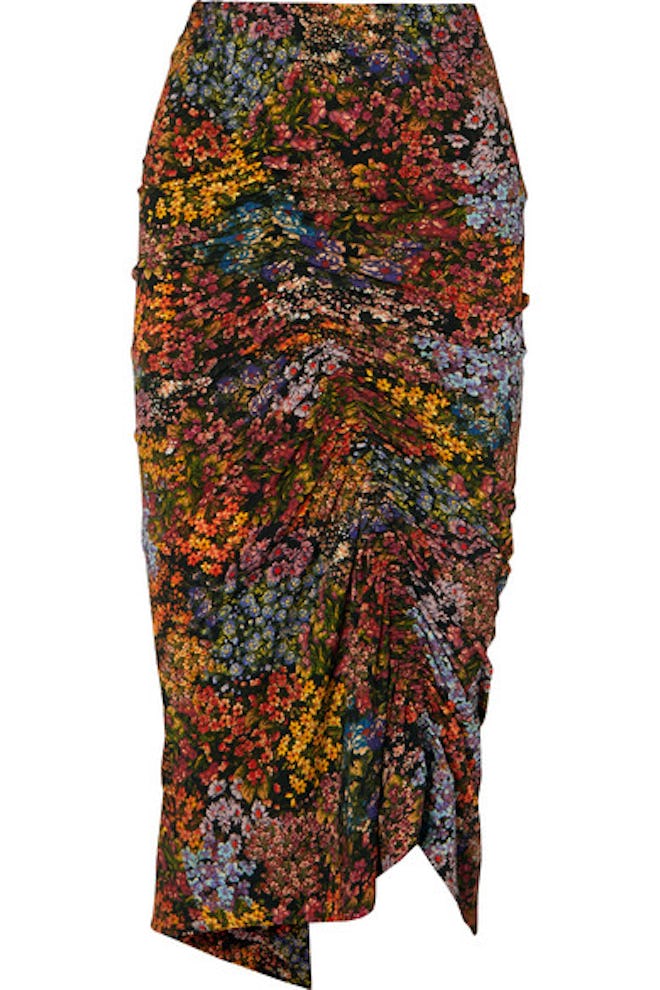 Aaliyah Ruched Floral-Print Stretch-Crepe Midi Skirt
