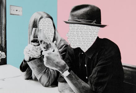 An illustration of two people with "talk eat drink" written instead of their faces, clanking their g...