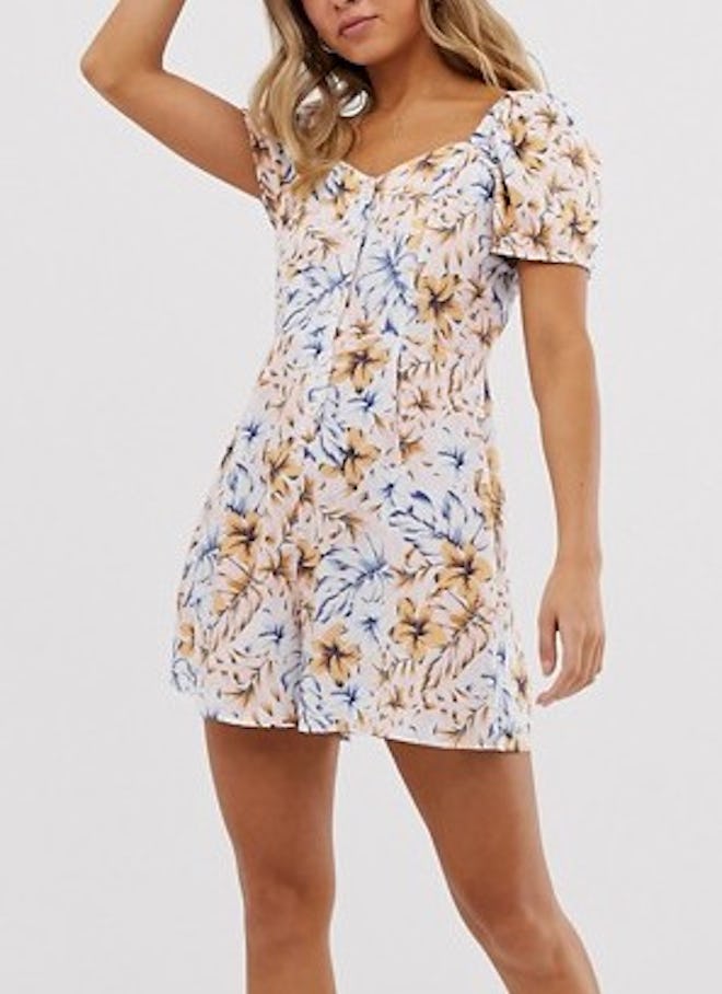 New Look Square Neck Button-Through Romper In Floral Print