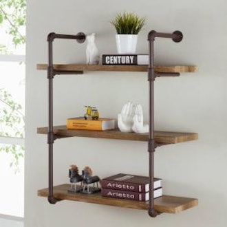 Urbanne Industrial Aged 3-Tiered Wood Print MDF and Metal Pipe Floating Wall Shelf