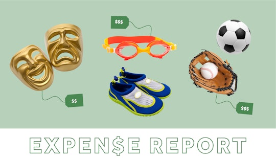 Collage of golden masks, swimming goggles, swimming slippers, a football, baseball glove, and "expen...