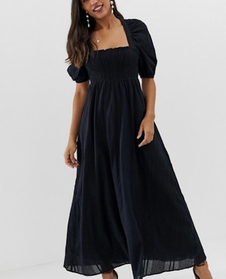 Curve Shirred Bustier Maxi Dress With puff Sleeve 