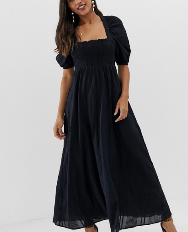 Curve Shirred Bustier Maxi Dress With puff Sleeve 
