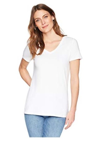 This two-pack of white v-neck t-shirts is made of a blend of cotton, spandex, and modal that's thick...