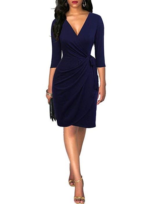 Berydress Women's Classic 3/4 Sleeve V Neck Sheath Wrap Dress