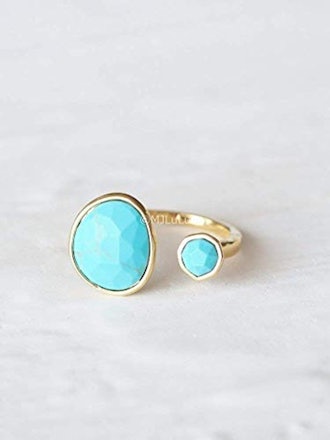 Double Stone Blue Simulated Turquoise Open Circle Gold Plated Brass Ring