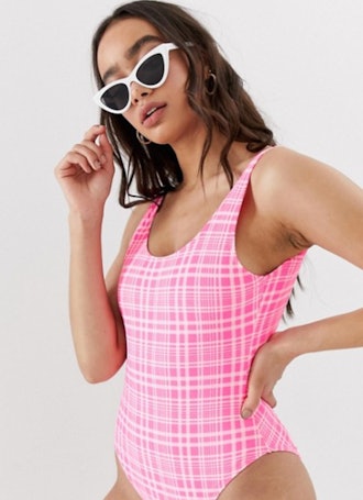 New Loop Scoop Back Swimsuit In Pink Check