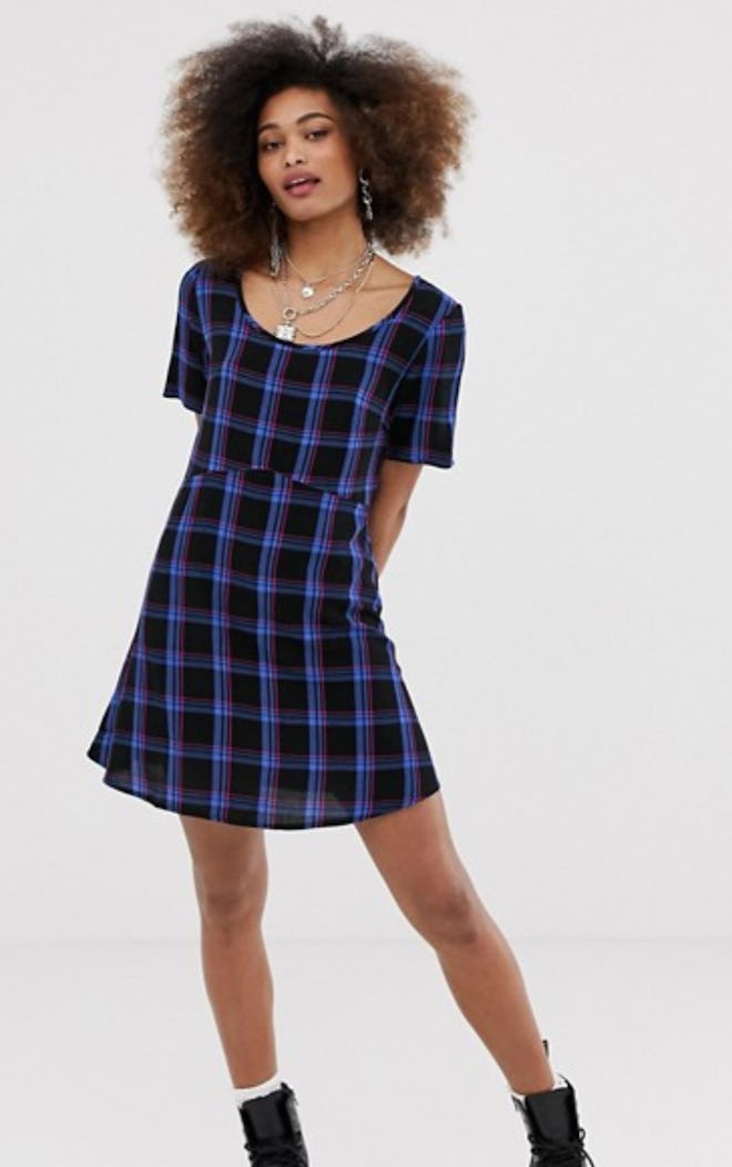 COLLUSION Tie Back Check Smock Dress