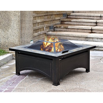 Hiland Black Wood/Steel Burning Fire Pit with Slate Top