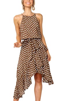 ECOWISH Womens Boho Polka Dot Tie Waist Irregular Cocktail Midi Dress 