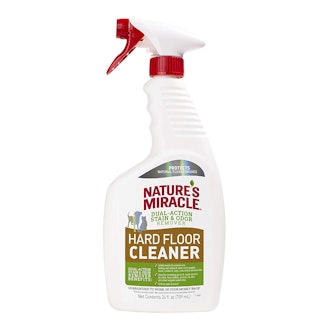 The best budget cleaner for dog urine on hardwood floors is Nature’s Miracle Hard Floor Cleaner.