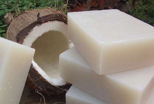 A stack of Soap & Salve moisturizing bar shampoos with a coconut in the background
