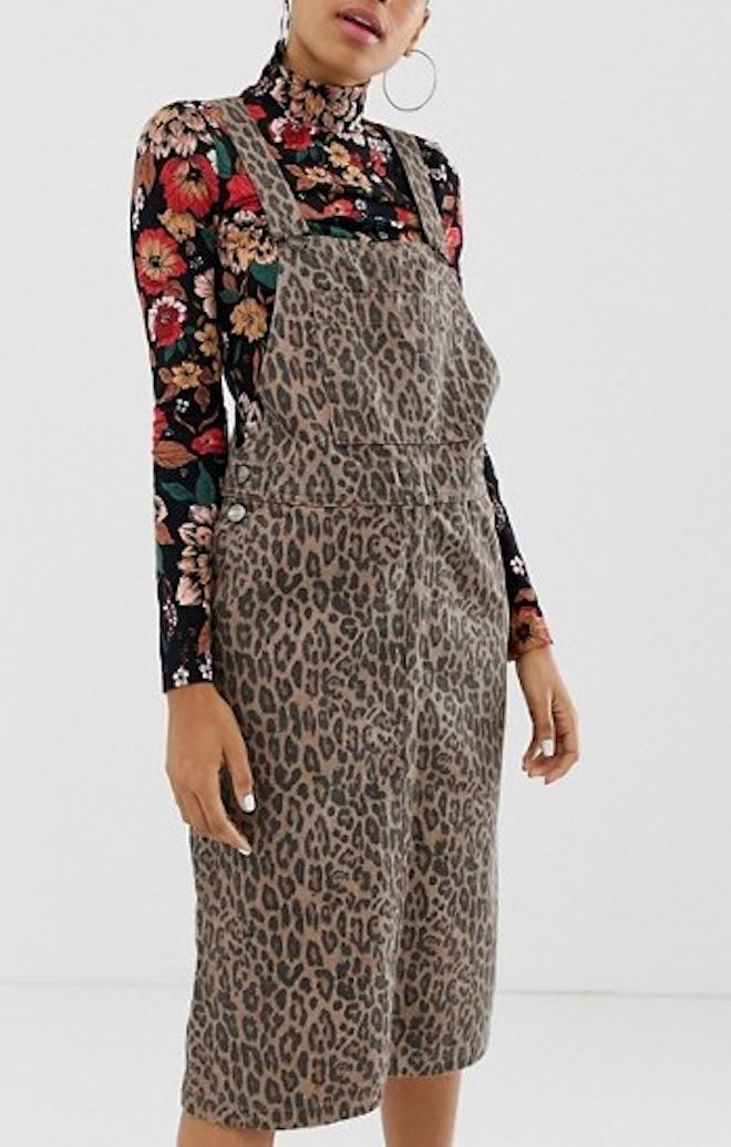 Monki Leopard Print Midi Overall Dress In Brown