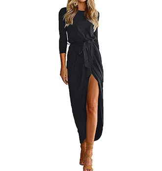 Qearal Women 3/4 Sleeve Belted Slit Long Maxi Dress