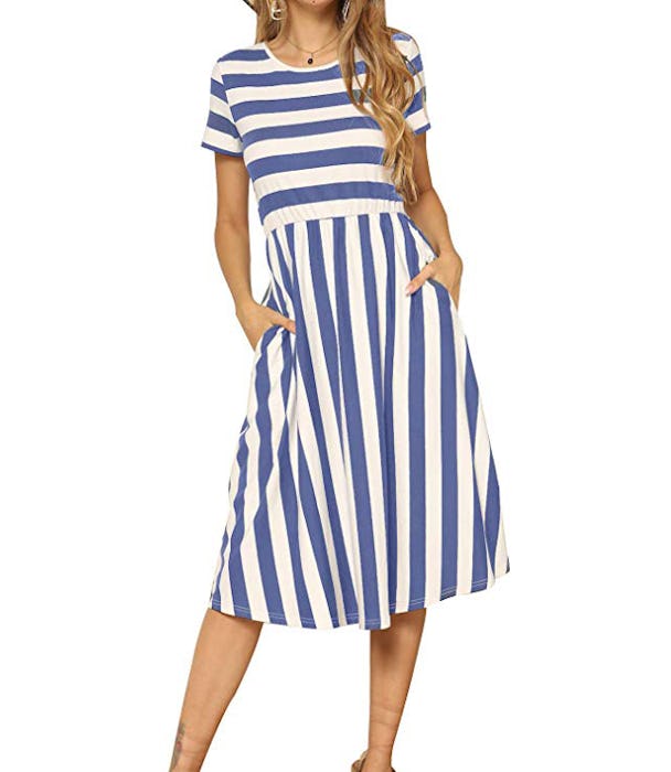 levaca Women's Casual Short Sleeve Striped Swing Midi Dress with Pockets