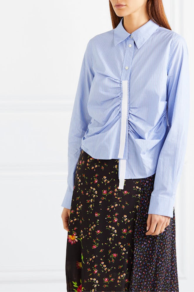 Asymmetric Grosgrain-Trimmed Ruched Striped Cotton-Poplin Shirt