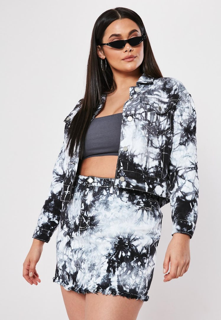 Plus size black tie dye co ord cropped denim jacket