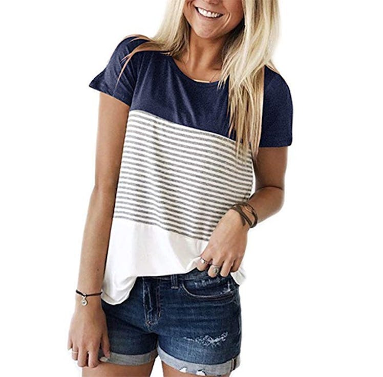 YunJey Round Neck Triple Color Block Stripe T-Shirt