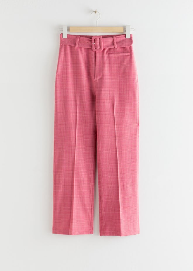 Belted Plaid Kick Flare Trousers